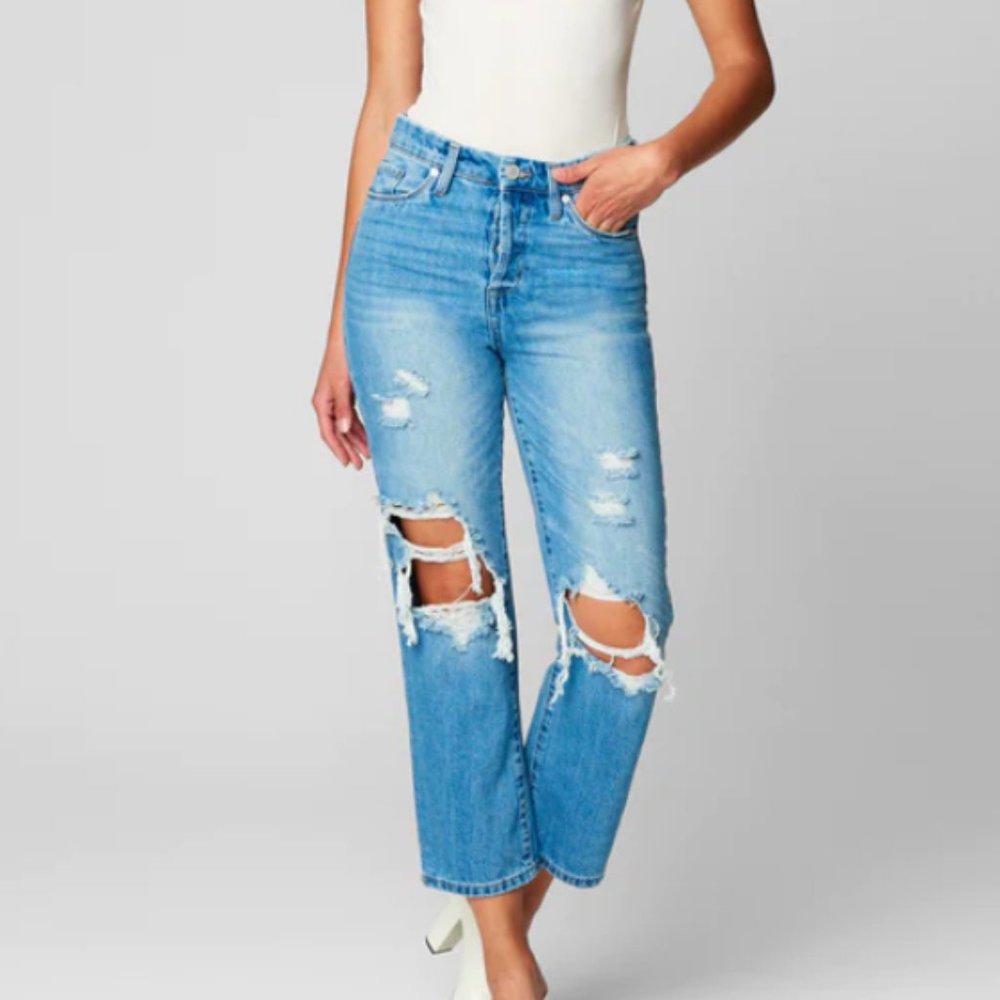 BLANKNYC THE BAXTER RIBCAGE STRAIGHT LEG CROP BUTTON FLY RIPPED JEANS NWT